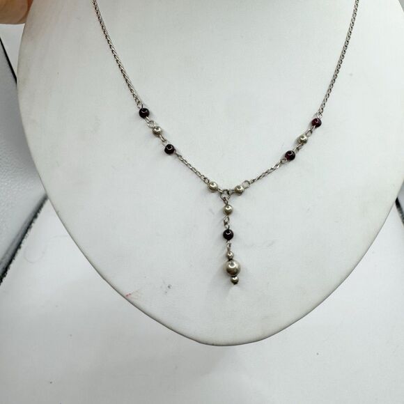Sterling Silver And Garnet Beaded Y Drop Dainty Necklace Minimalist Classic Y2K - Picture 4 of 10